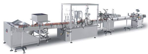 洗液溶劑全自動灌裝旋蓋貼標生產(chǎn)線
