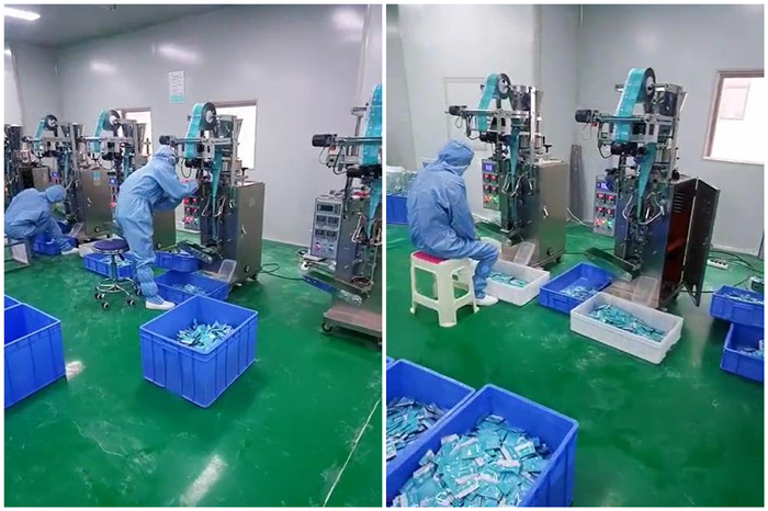 湖南可孚醫(yī)療科技發(fā)展有限公司車間-工作人員正在測試抑菌粉自動包裝機(jī)-小袋食品藥品粉末包裝機(jī)生產(chǎn)